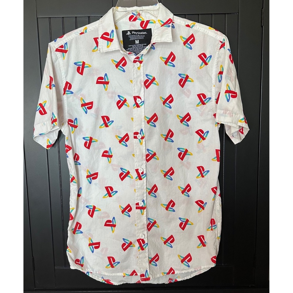 PlayStation Button Down Shirt Mens M White All Over Logo Short Sleeve Cotton
